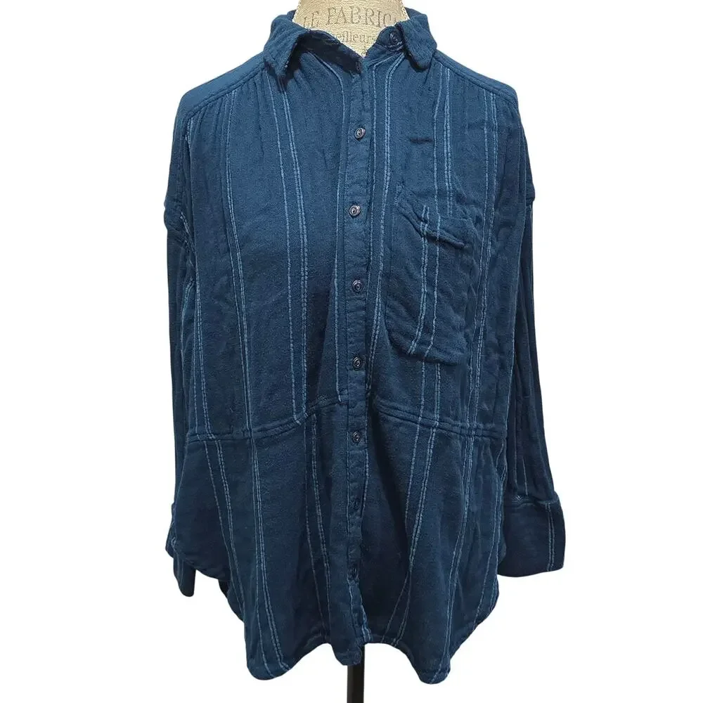 Free People Blue Striped Cozy Nights Oversized Button Up Long Sleeve Tunic Shirt - Picture 2 of 10